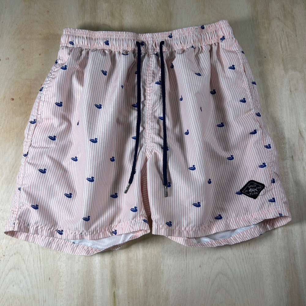 Spicy Tuna Mens Pink Striped Duck Print Swim Trunks Mesh Lined Medium
